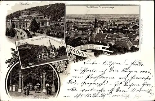 Litho Baden in Niederösterreich, Kursalon, Villa Erzherzog Wilhelm, Kurpromenade, Panorama vom Ort