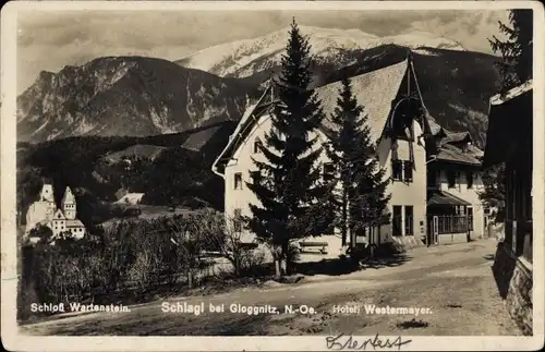 Ak Schlagl in Niederösterreich, Schloss Wartenstein, Hotel Westermayer, Straßenpartie im Ort