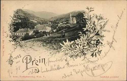 Ak Prein an der Rax in Niederösterreich, Kirche, Ortschaft mit Landschaftsblick