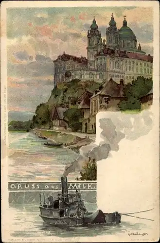 Künstler Litho Bamberger, G., Melk an der Donau in Niederösterreich, Flussdampfer, Kloster