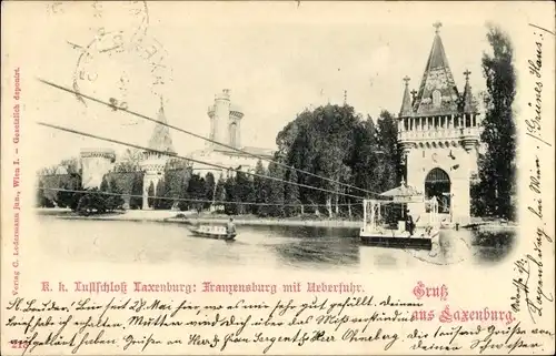 Ak Laxenburg in Niederösterreich, Lustschloss, Franzensburg mit Überfuhr, Seilfähre