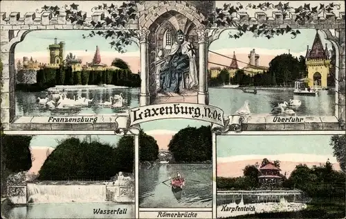 Ak Laxenburg Niederösterreich, Franzensburg, Überfuhr, Fähre, Wasserfall, Römerbrücke, Karpfenteich