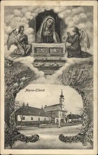 Ak Haslau Maria Ellend in Niederösterreich, Wallfahrtskirche, Gnadenbild, Engel, Soldaten, Schlacht