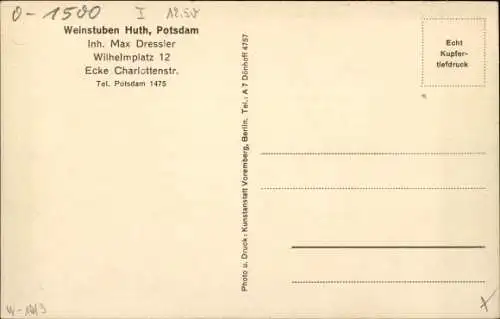 Ak Potsdam, Weinstuben Huth, Wilhelmplatz 12, Charlottenstraße