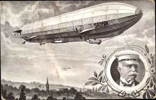 Künstler Ak Zeppelin Luftschiff Sachsen, Erbauer Ferdinand Graf von Zeppelin