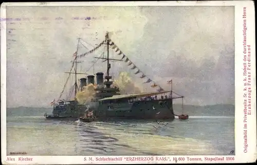 Künstler Ak Kircher, Alex, Österreichisches Kriegsschiff, Schlachtschiff SMS Erzherzog Karl
