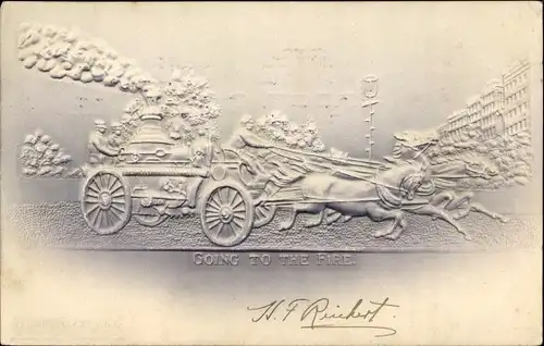 Präge Ak Going to the Fire, Feuerwehr, Löschwagen