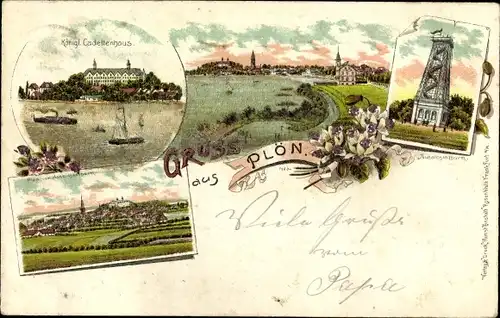 Litho Plön am See Holstein, Kgl. Cadettenhaus, Aussichtsturm, Panorama