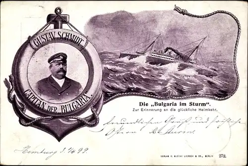 Ak Dampfschiff Bulgaria, HAPAG, Gustav Schmidt, Kapitän