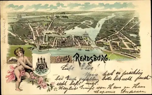 Litho Rendsburg in Schleswig Holstein, Panorama, Engel, Wappen