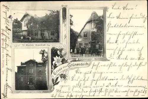Ak Grünendeich in Niedersachsen, Th. Bucks Gasthof, Navigationsschule, Standesamt