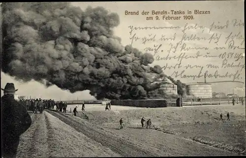 Ak Blexen Nordenham in Oldenburg, Brand der Benzintanks 1909