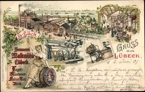 Litho Hansestadt Lübeck, Brauerei Walkmühle, Gesamtansicht, Ausschank, Kessel, Maschinenraum