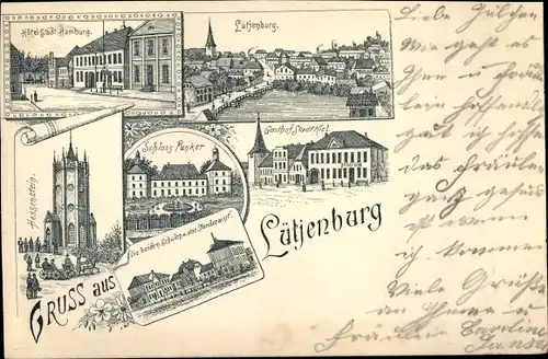 Litho Lütjenburg in Holstein, Hotel Stadt Hamburg, Schloss Panker, Hessenstein, Gasthof Stadt Kiel