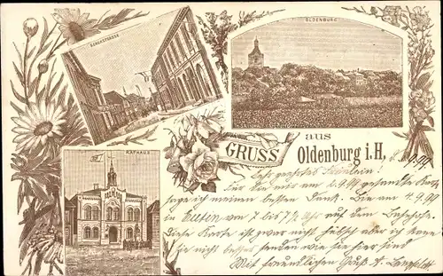 Litho Oldenburg in Holstein, Rathaus, Gesamtansicht, Straßenpartie