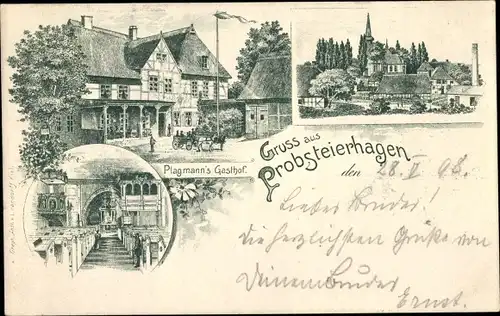 Litho Probsteierhagen in Holstein, Plagmanns Gasthof, Kirche, Innenansicht