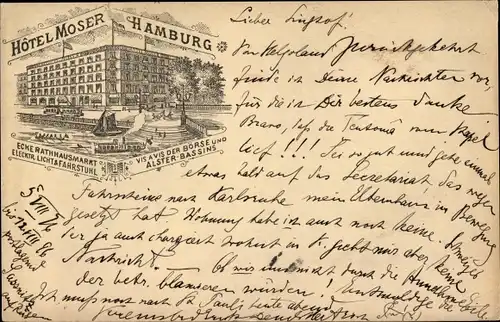 Litho Hamburg, Hotel Moser, Restaurant, Weingroßhandlung, Ecke Rathausmarkt, Alsterbassins