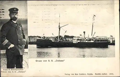 Ak Passagierschiff SS Ostsee, Capt. G. Breitsprecher, Stettin