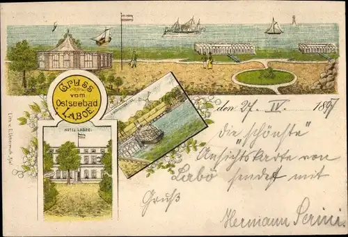 Litho Ostseebad Laboe, Strand, Hotel Laboe, Landungsbrücke