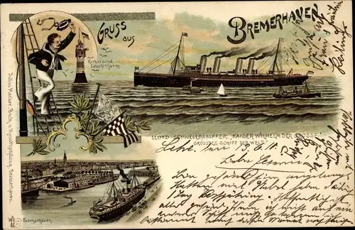 Litho Bremerhaven, Dampfer Kaiser Wilhelm der Große, Norddeutscher Lloyd, Hafen, Seemann