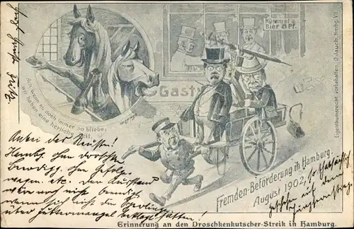 Künstler Ak Hamburg, Droschkenkutscher Streik 1902, Fremdenbeförderung, Pferde