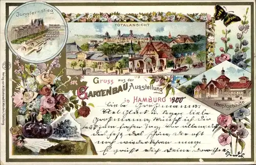 Litho Hamburg, Gartenbau Ausstellung 1897, Totalansicht von Ort, Hauptgebäude, Jungfernstieg, Blumen