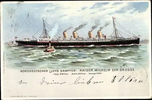 Litho Dampfer Kaiser Wilhelm der Große, Norddeutscher Lloyd Bremen