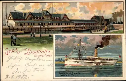 Litho Bremerhaven, Dampfer Hecht auf der Weser, Lloydhalle