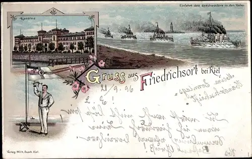 Litho Friedrichsort Kiel in Schleswig Holstein, Deutsche Kriegsschiffe, Seemann, Kaserne