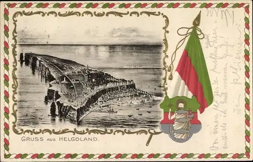 Wappen Ak Nordseeinsel Helgoland, Totalansicht der Insel, Fahne
