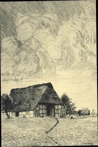 Künstler Ak Schodde, Worpswede in Niedersachsen, Landschaft mit Bauernhaus