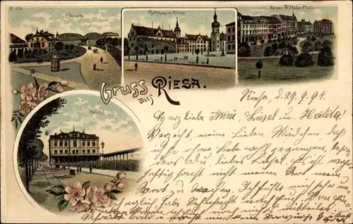 Litho Riesa an der Elbe Sachsen, Rathaus, Kirche, Kaiser Wilhelm Platz, Bahnhof, Elbbrücke