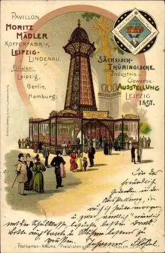 Litho Leipzig, Sächs. Thüringische Industrie und Gewerbeausstellung 1897, Moritz Mäder, Kofferfabrik