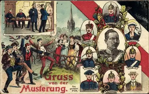 Litho Musterung, Porträt Kaiser Wilhelm II., Messung, Infanterie, Kavallerie, Marine, Pionier