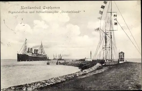 Ak Cuxhaven in Niedersachsen, Schnelldampfer Deutschland, Signalstation