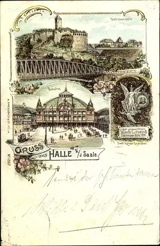 Litho Halle an der Saale, Giebichenstein, Bahnhof, Zwei Kaiser Denkmal