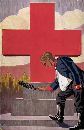 Künstler Ak Lüttnitz, Verletzter Soldat legt Zweig vor rotem Kreuz nieder