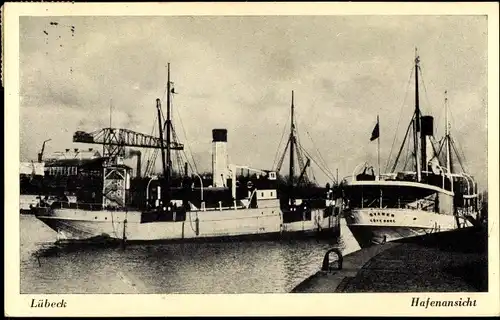 Ak Hansestadt Lübeck, Dampfer im Hafen