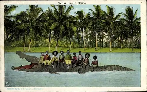 Ak Florida USA, A Joy Ride, Kinder auf einem Krokodil, Palmen