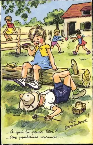 Künstler Ak Bouret, Germaine, Junge liegt im Gras, Mädchen, spielende Kinder