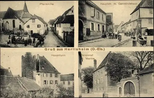 Ak Herrlisheim Herlisheim Ober-Elsass Haut Rhin, Gemeindehaus, Pensionat St. Martha, Hexenturm