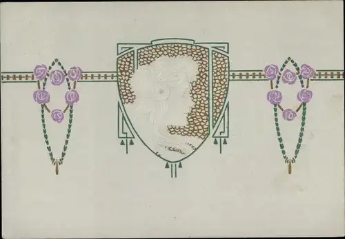 Jugendstil Präge Litho Frauenportrait, Haarschmuck, Rosenblüten