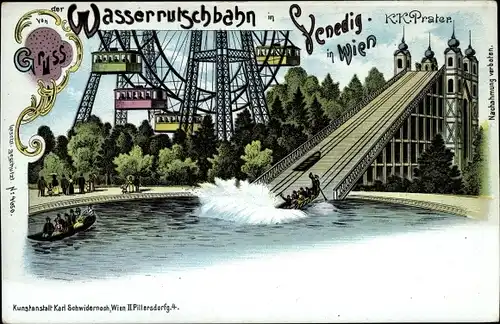 Litho Wien 2 Leopoldstadt, Prater, Wasserrutschbahn im Venedig, Riesenrad