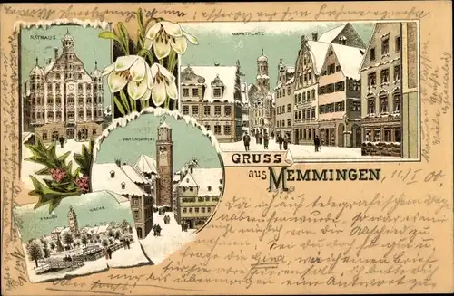 Winter Litho Memmingen in Schwaben, Marktplatz, Rathaus, Kirche