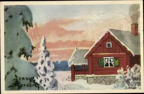 Künstler Ak Nyström, J., Wohnhaus, Tannenbäume, Winterszene, Schnee