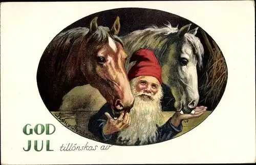 Künstler Ak Nyström, J., Glückwunsch Weihnachten, Zwerg füttert Pferde