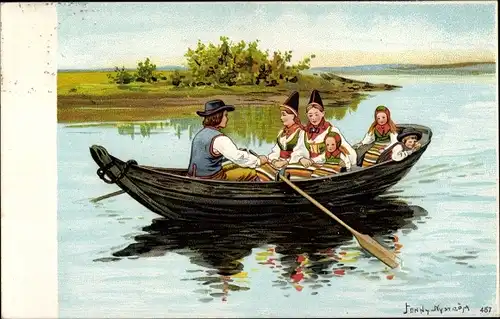 Künstler Ak Nyström, J., Ruderpartie, Ruderboot, Schwedische Volkstrachten