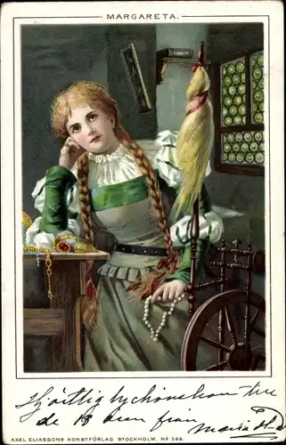 Litho Gretchen, Frau am Spinnrad, Szene aus Faust, Goethe