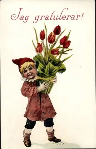 Ak Glückwunsch, Kind mit Blumenstrauß, Tulpen