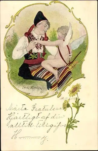 Künstler Litho Nyström, J., Frau in schwedischer Tracht, Engel, Blumen